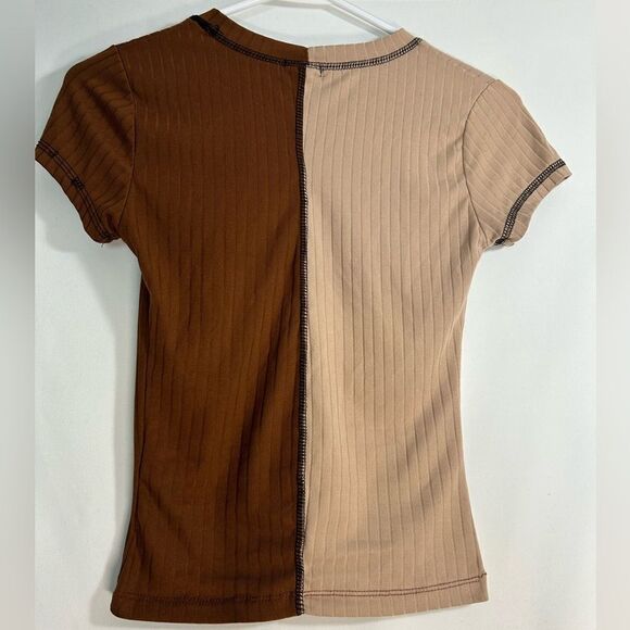 Rue 21 Two tone stitched baby doll T-shirt brown and tan cropped top - Picture 6 of 6